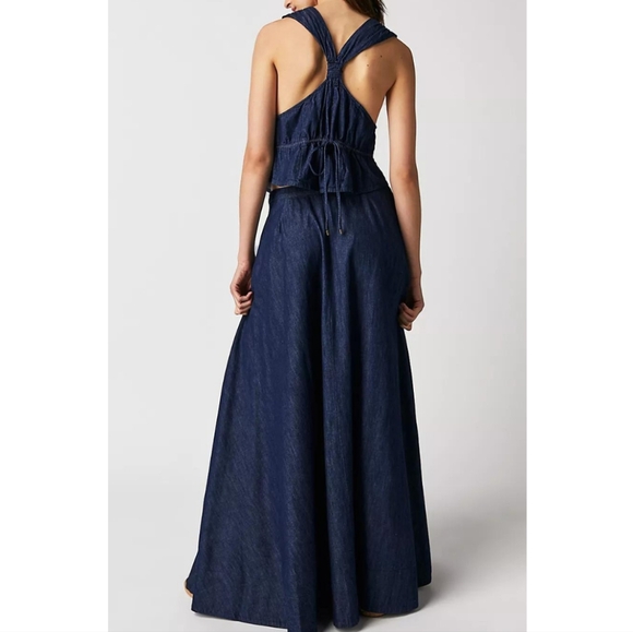 Free People Clean Coastal Denim Set Maxi Skirt Peplum Tank Dark Space Girl Wash - Picture 4 of 13